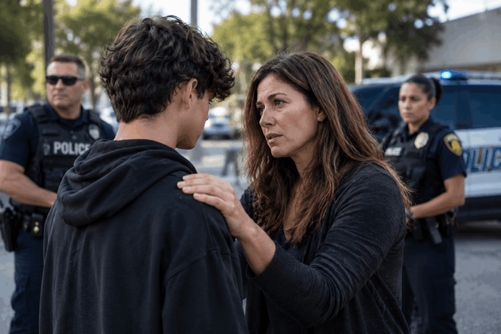 mother is holding her son in front of the policeman a parked police vehicle and two uniformed officers are visible near the street