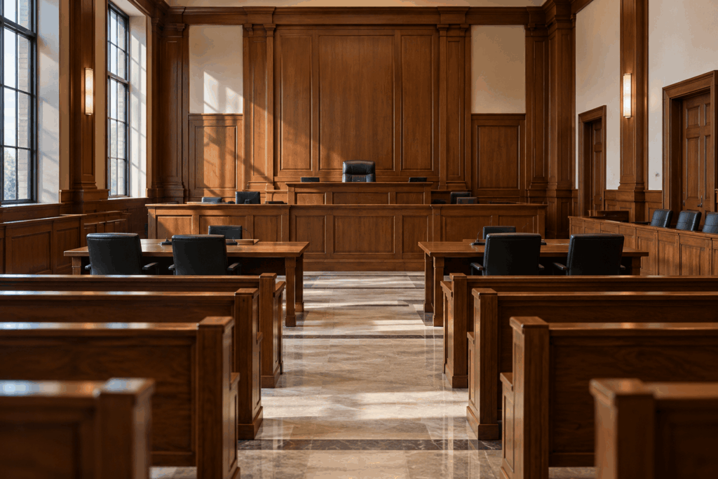 Una sala de tribunal vacía con el estrado del juez, las mesas de los abogados y las bancas del público