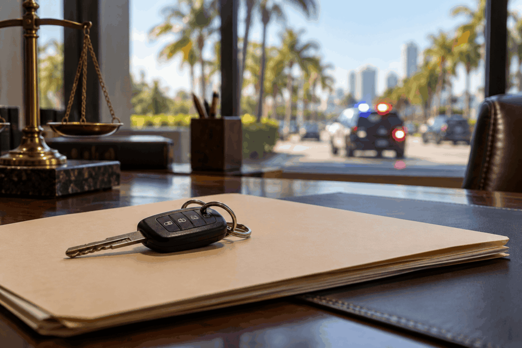Llaves de un automóvil sobre un expediente legal en una oficina de abogados, con una balanza de la justicia en el escritorio y una patrulla con luces encendidas afuera de la ventana