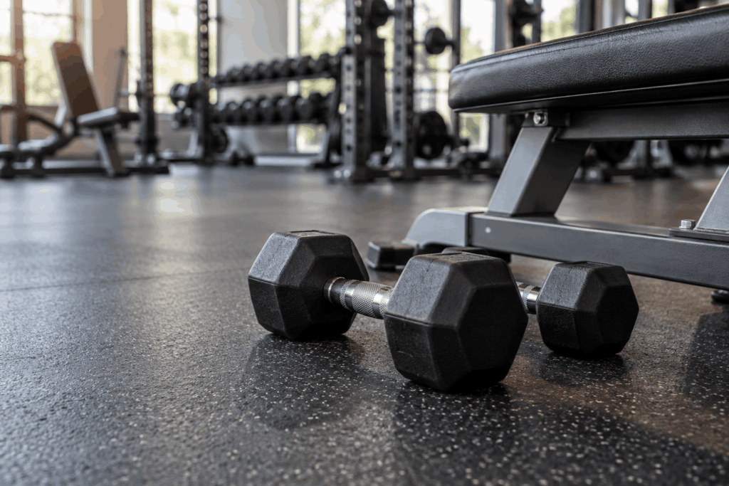 Mancuernas en el piso junto a un banco de pesas en un gimnasio vacío