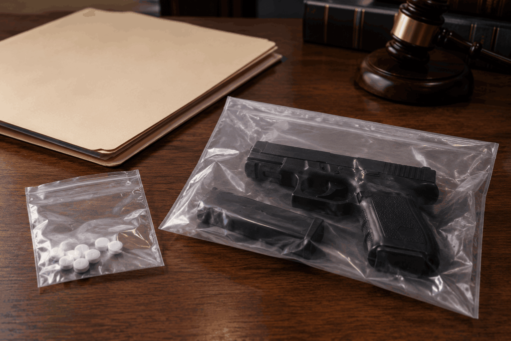 Bolsas de evidencia con pastillas y una pistola con su cargador sobre un escritorio, junto a expedientes y un mazo